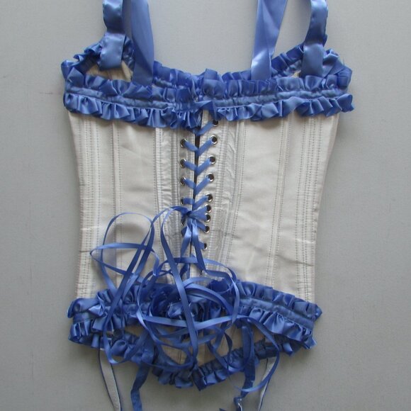 Blue Cream Ruffled Steel Boned Corset Set - NEW - Picture 8 of 13